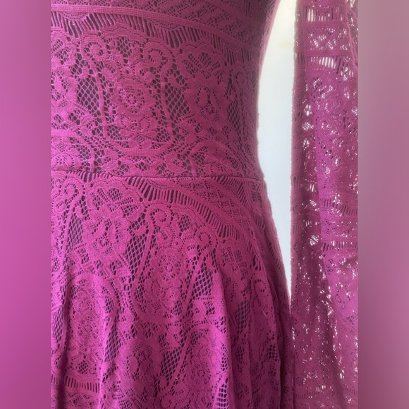 y2k free people magenta mesh & lace fit & flare long sleeve dress sz. xs - Picture 7 of 16